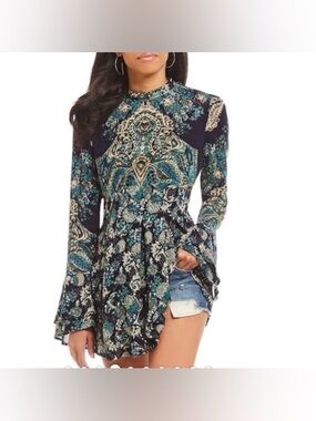 Free People Lady Luck Paisley Bell Sleeve Tunic in Blue Combo Size Small